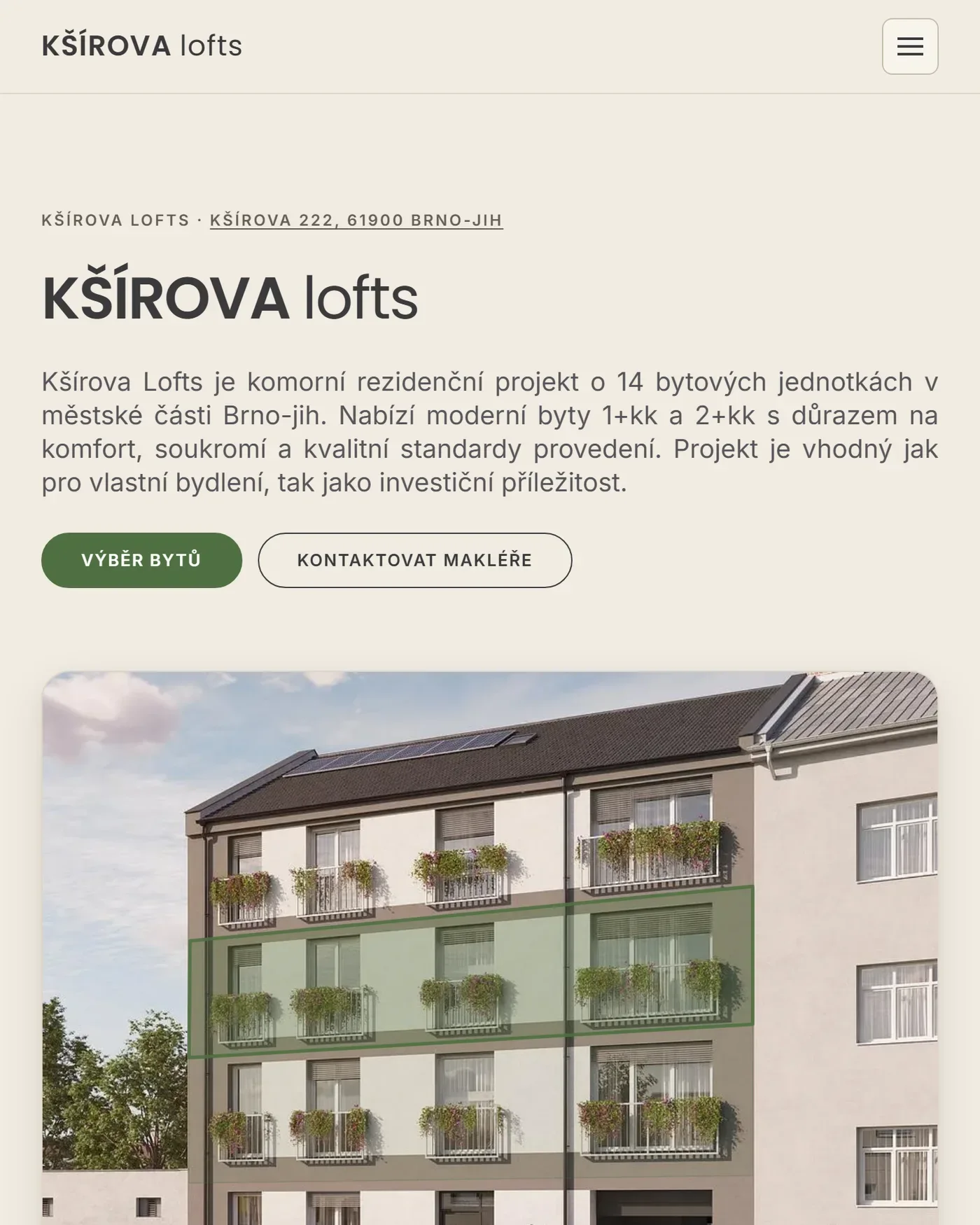 Úvodní stránka webu ksirovalofts.cz - rezidenční projekt Kšírova lofts